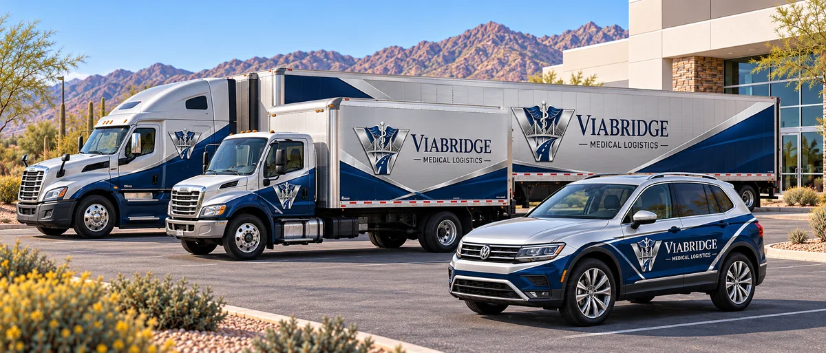 Future fleet concept showing a courier SUV, box truck, and semi-truck with custom platinum silver and navy blue Viabridge wraps; not the current fleet.