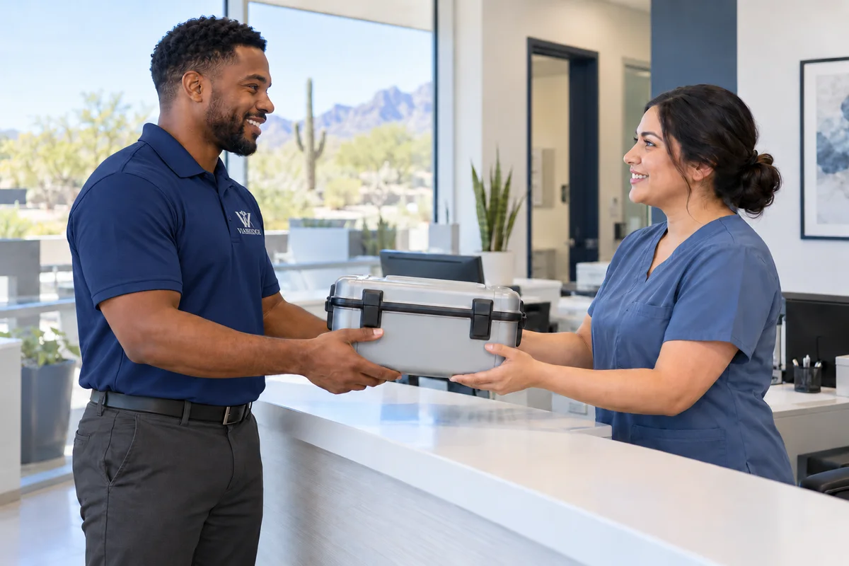 Illustration of a medical courier wearing a navy polo with a silver Viabridge logo and charcoal grey pants, handing a closed transport case to a healthcare professional.
