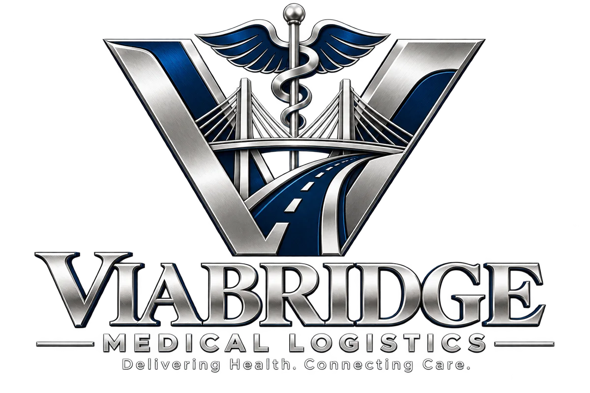 Viabridge Medical Logistics: metallic silver and navy V, bridge, roadway, and medical symbol. Delivering Health. Connecting Care.